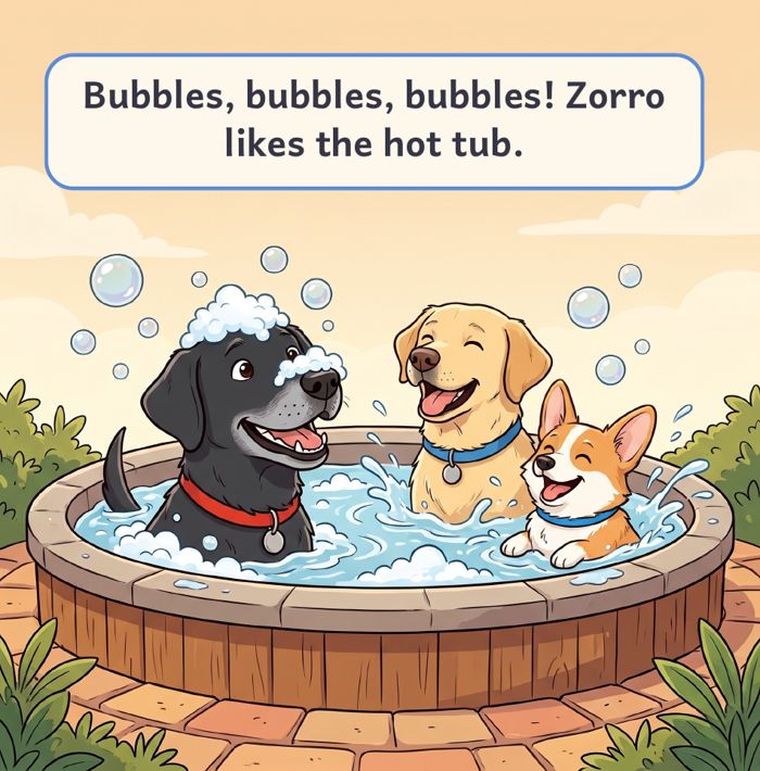 Book illustration of Jax, Cooper and Zorro in a bubbly hot tub