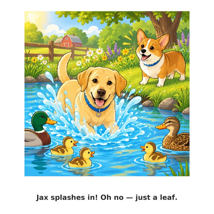 Book illustration of Jax splashing in a pond with ducks